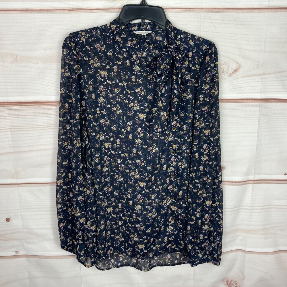 Easel Top Womens L Blue Floral Blouse Asymmetrical Button Tie Neck Semi Sheer